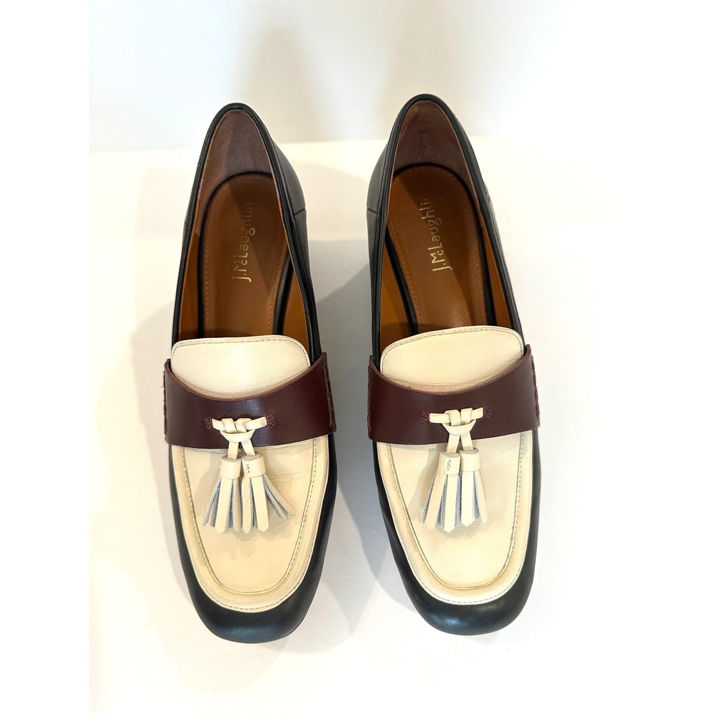 J.McLaughlin Women 8.5 Tri-Color Leather Tassel Block Heel Loafers Dk Navy Cream - Picture 7 of 8